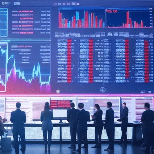 An image showcasing a diverse group of people engaged in cryptocurrency trading, with animated charts and graphs projected around them