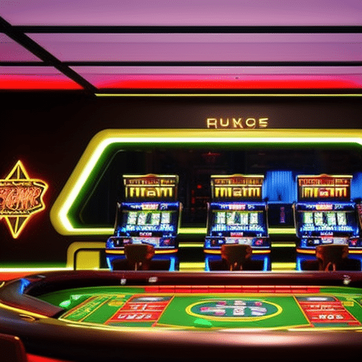 An image showcasing a vibrant virtual casino: a sleek, futuristic setting with neon lights illuminating rows of slot machines, roulette tables, and poker rooms buzzing with excitement, inviting readers to explore the world of crypto gambling