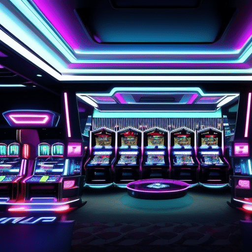 An image showcasing a futuristic casino setting with sleek, neon-lit Ethereum gaming platforms
