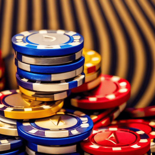 An image featuring a close-up of a hand holding a stack of colorful casino chips, with a bright spotlight illuminating the chips, showcasing their vibrant hues and glimmering reflections, symbolizing the instant unlocking of winnings at no verification casinos