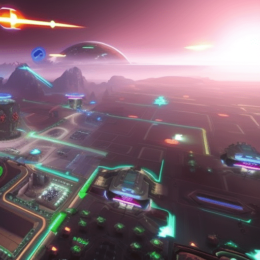 An image showcasing a futuristic gaming environment where avatars engage in intense multiplayer battles on a blockchain platform