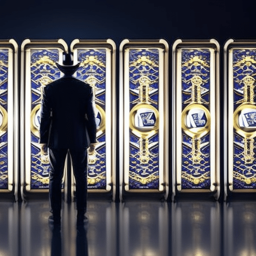 An image showcasing a dark, mysterious casino entrance shrouded in shadows, with a masked figure standing beside a digital screen displaying various cryptocurrencies, symbolizing the secrecy and anonymity of the best anonymous crypto casinos