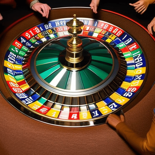 An image that showcases a roulette wheel spinning with colorful chips scattered around, while a crowd of excited players eagerly gather around, their faces reflecting anticipation and hope