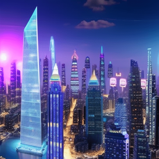 An image showcasing a futuristic cityscape, with towering skyscrapers adorned with digital holographic displays of various cryptocurrencies