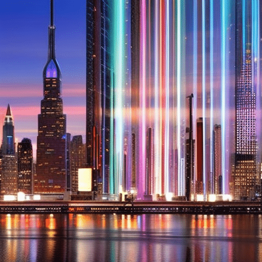 Visualize an image of a futuristic cityscape at twilight, adorned with colossal holographic projections showcasing the logos of potential 2024 cryptocurrencies