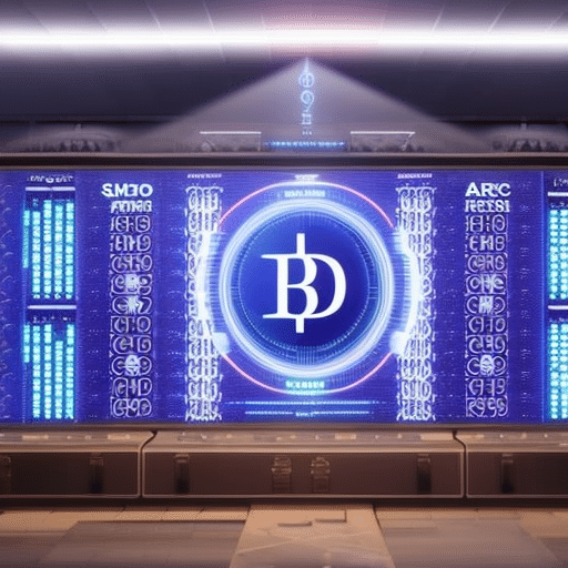 An image of a futuristic marketplace where digital currency symbols are displayed on large screens, while a network of interconnected locks represents verified policies, symbolizing the significant impact they will have on shaping the 2024 crypto market