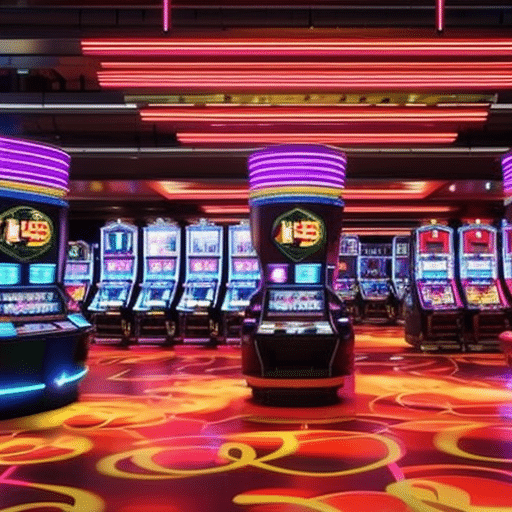 An image of a futuristic casino floor bustling with excitement