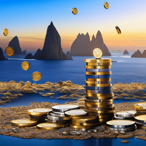 An image showcasing a vibrant digital landscape with 14 distinct coins, each emitting a unique glow