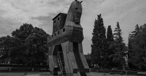black-and-white-photography-of-a-wooden-trojan-horse