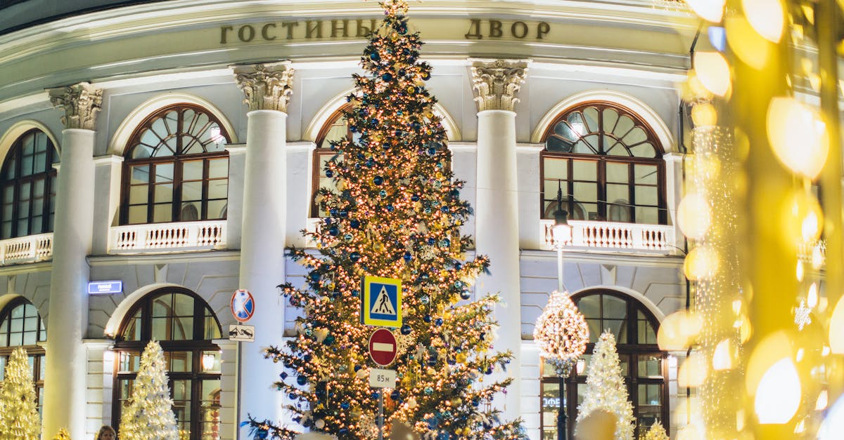 low-angle-of-decorated-christmas-tree-with-blue-and-golden-toys-and-glowing-lamps-on-street-against