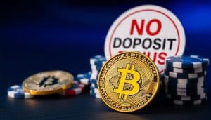 Bitcoin casino no deposit bonus concept showing free Bitcoin tokens and casino chips