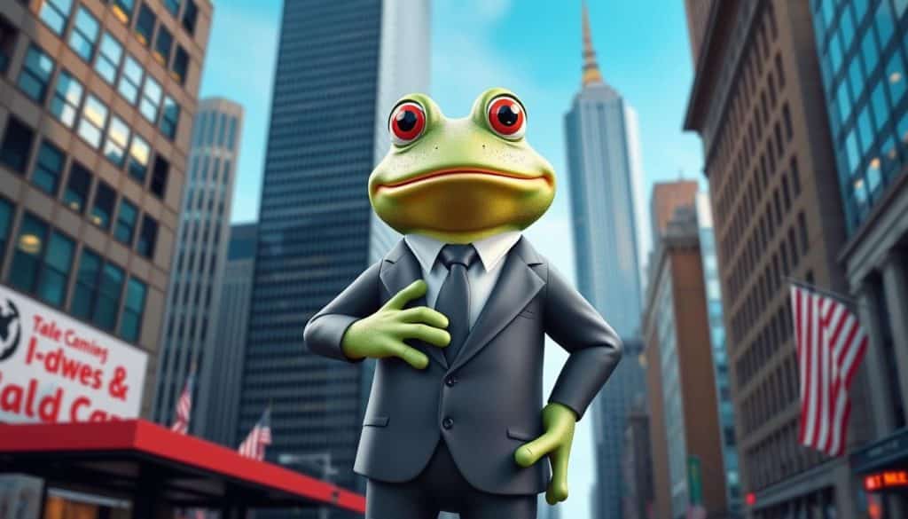 Wall Street Pepe token logo showing Pepe the Frog in a business suit on Wall Street