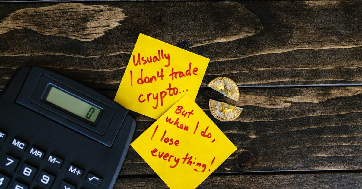 a satirical still life image depicting crypto investment risks with sticky notes calculator and br