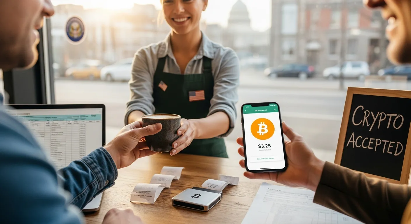 customer paying 3 25 coffee with bitcoin on phone at u s coffee shop