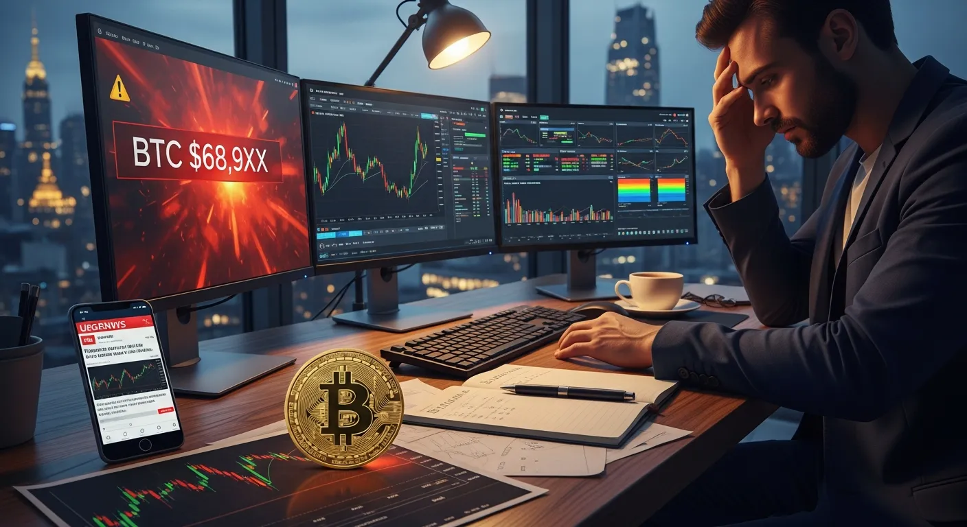 trader at desk with bitcoin coin and red crashing btc charts on screens