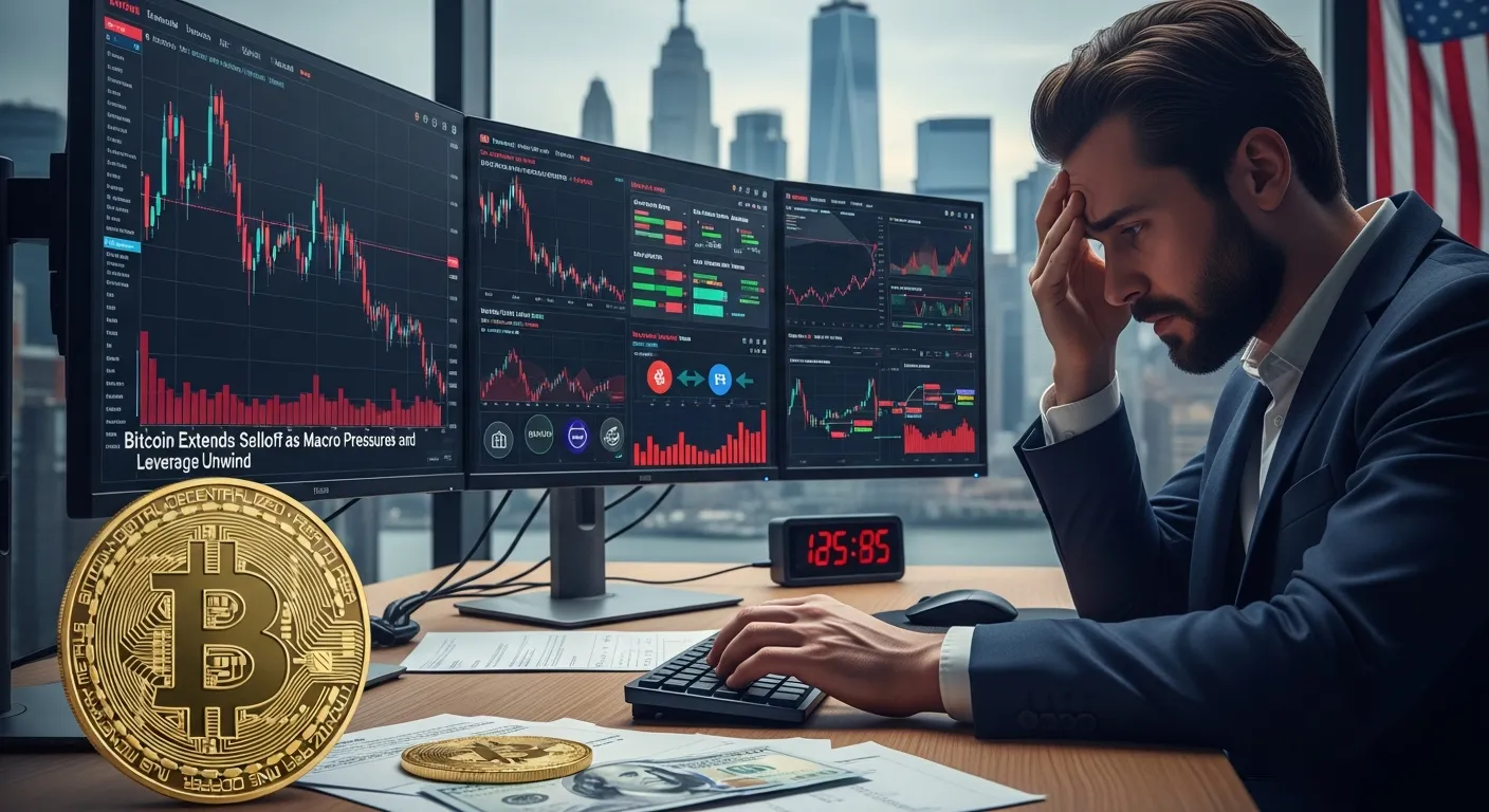 trader watching bitcoin price plunge on monitors amid liquidation alerts
