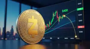 a gold zcash coin in front of a rising crypto price chart targeting 400