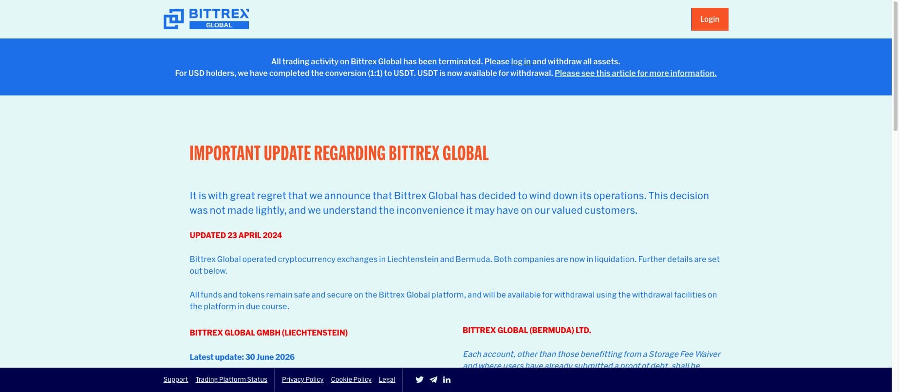 Bittrex Global wind-down notice: trading terminated, log in only to withdraw assets, July 2026