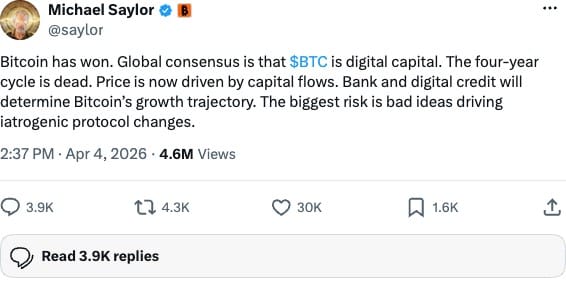 Michael Saylor post on X calling Bitcoin digital capital, April 2026