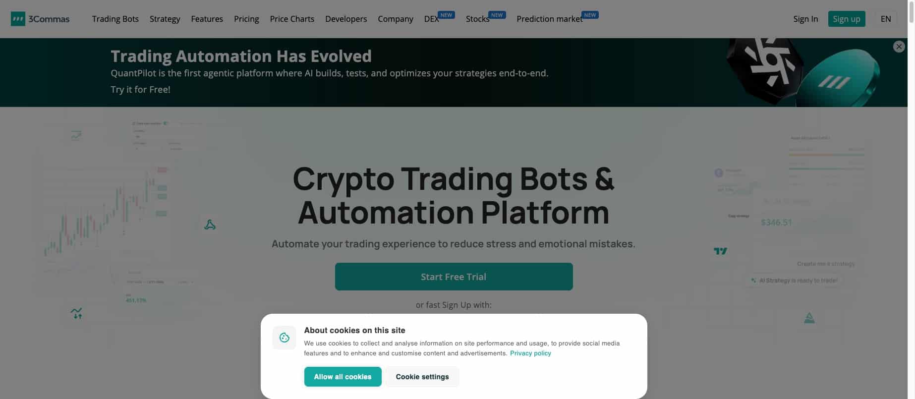 Screenshot of 3Commas crypto trading bot platform