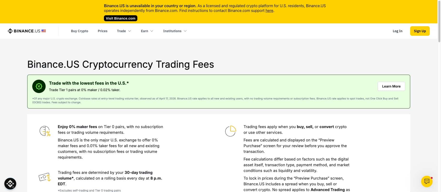 Screenshot of Binance.US official trading fees page