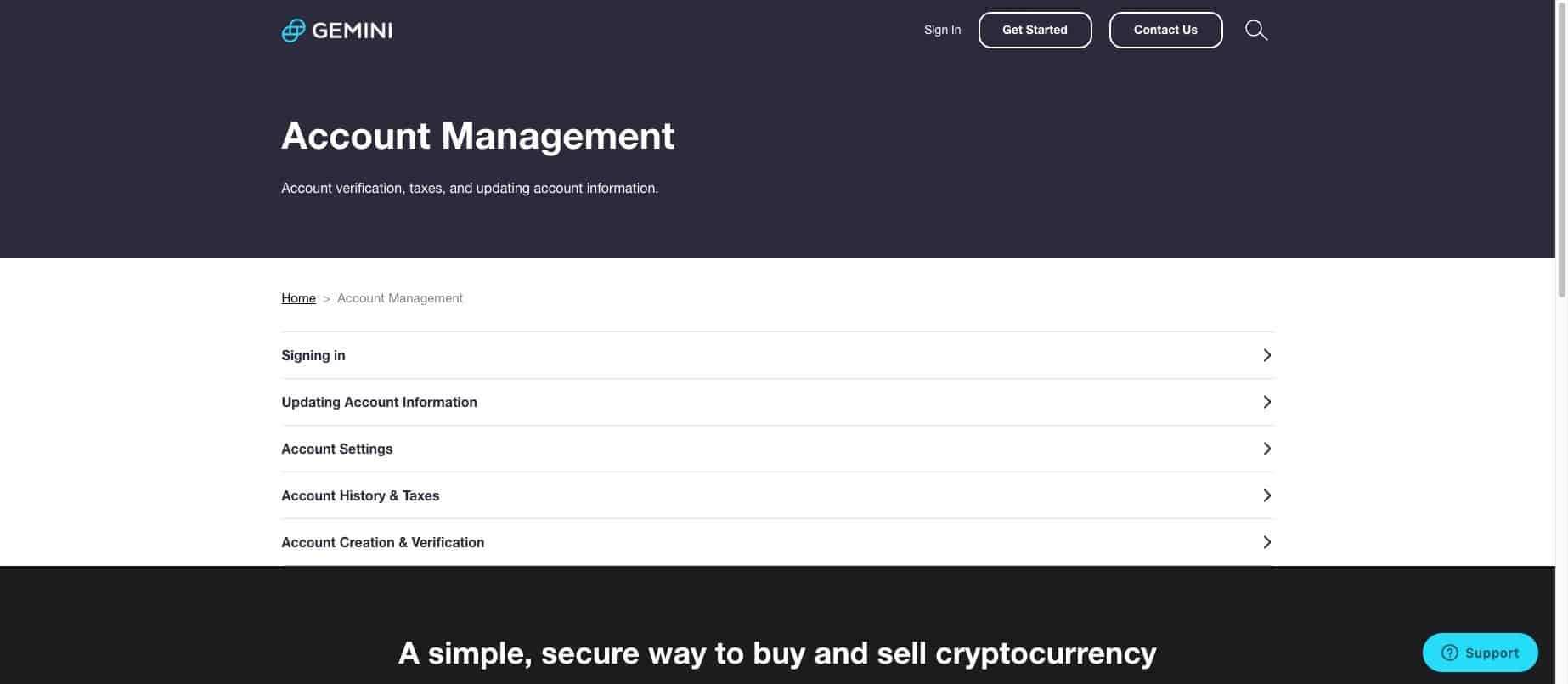 Screenshot of Gemini official Account Management support page