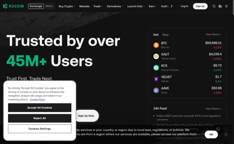 Screenshot of KuCoin exchange homepage