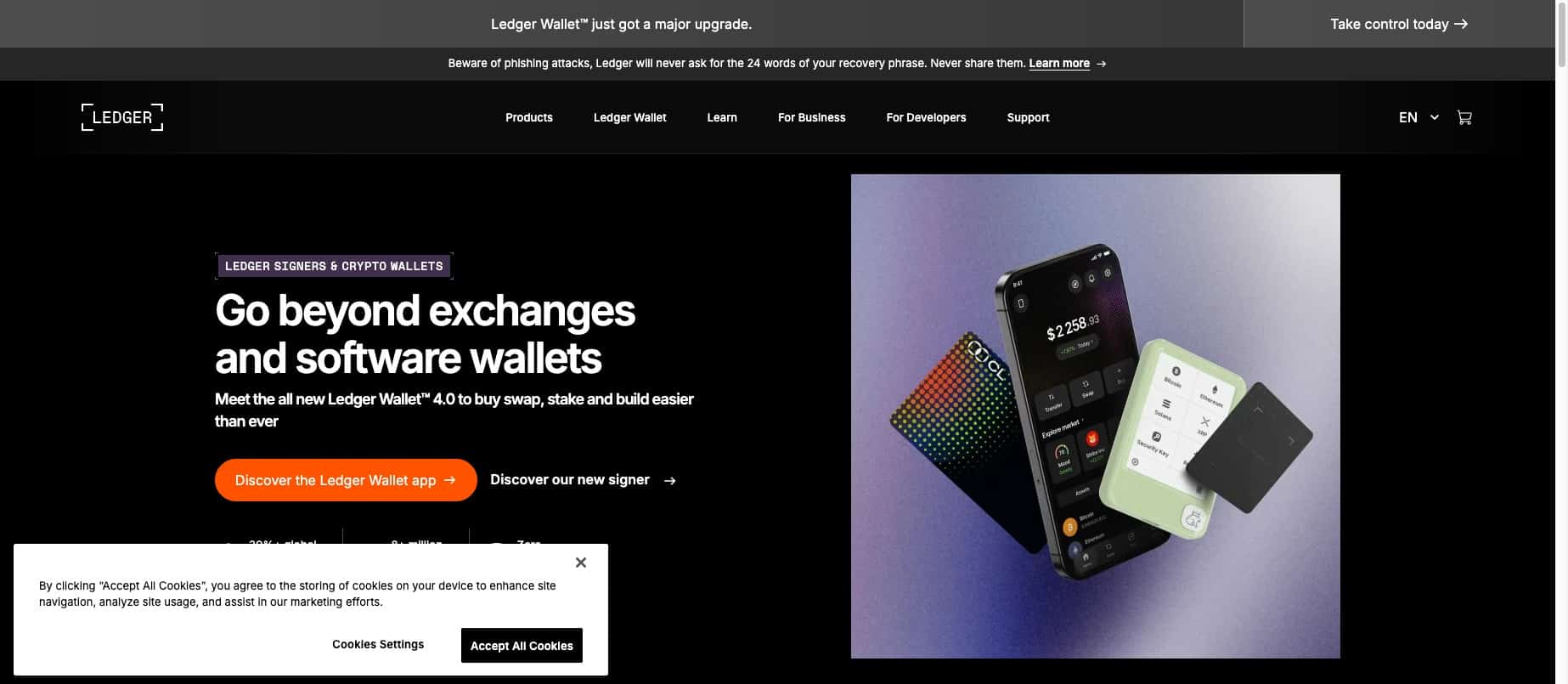 Screenshot of Ledger hardware wallet homepage