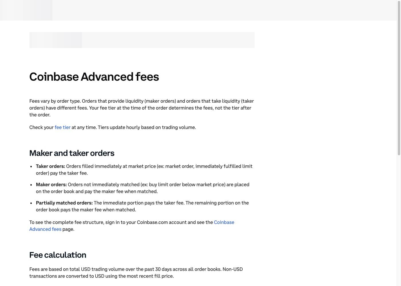 Screenshot of Coinbase official fee disclosure page
