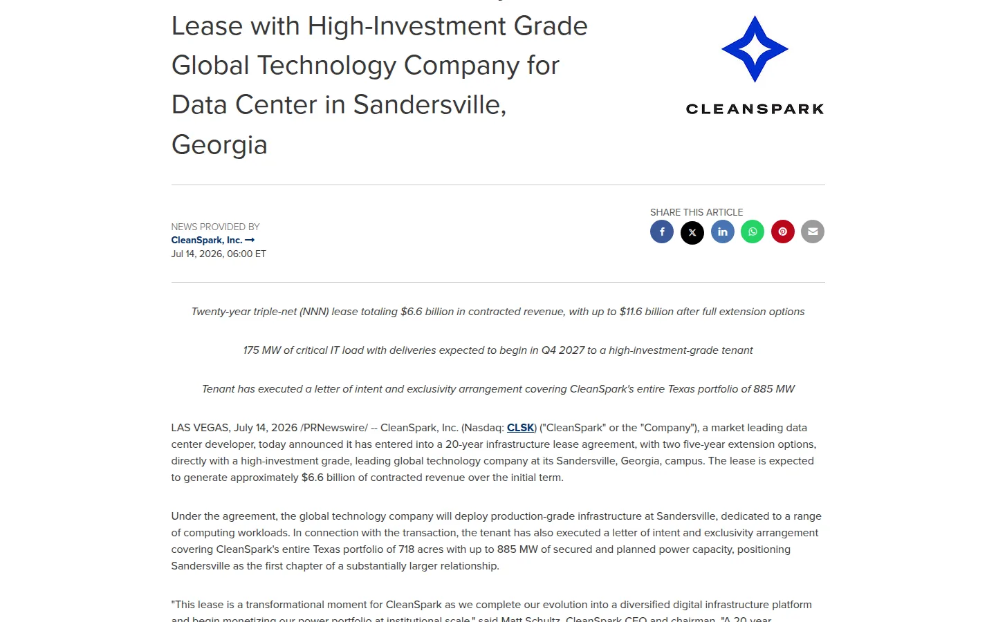 CleanSpark Bets on $6.6B AI Deal Despite Quarterly Loss 1 CleanSpark announcement of its Sandersville data center lease