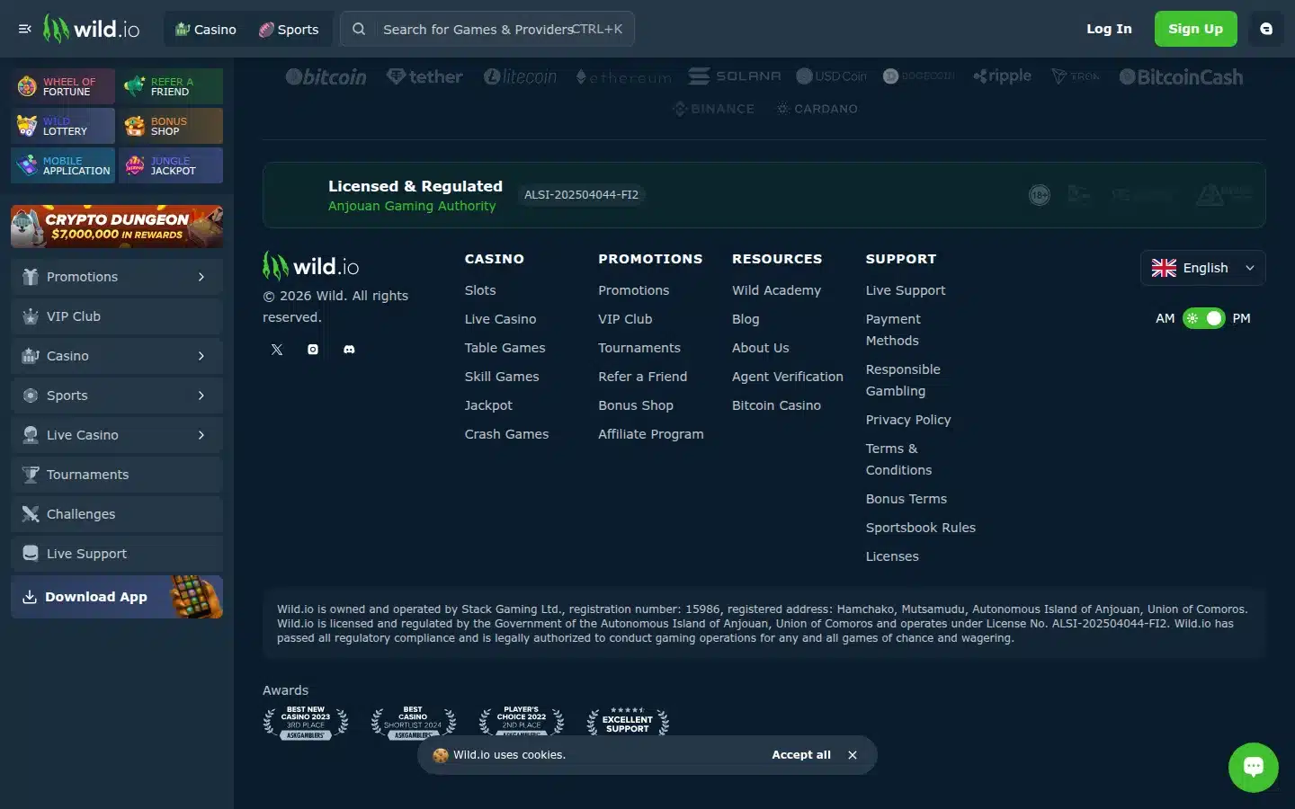 Wild.io Casino Review: Bonuses, Games and Payouts 2 Wild.io homepage presenting the site as a Bitcoin and crypto casino with instant withdrawals.