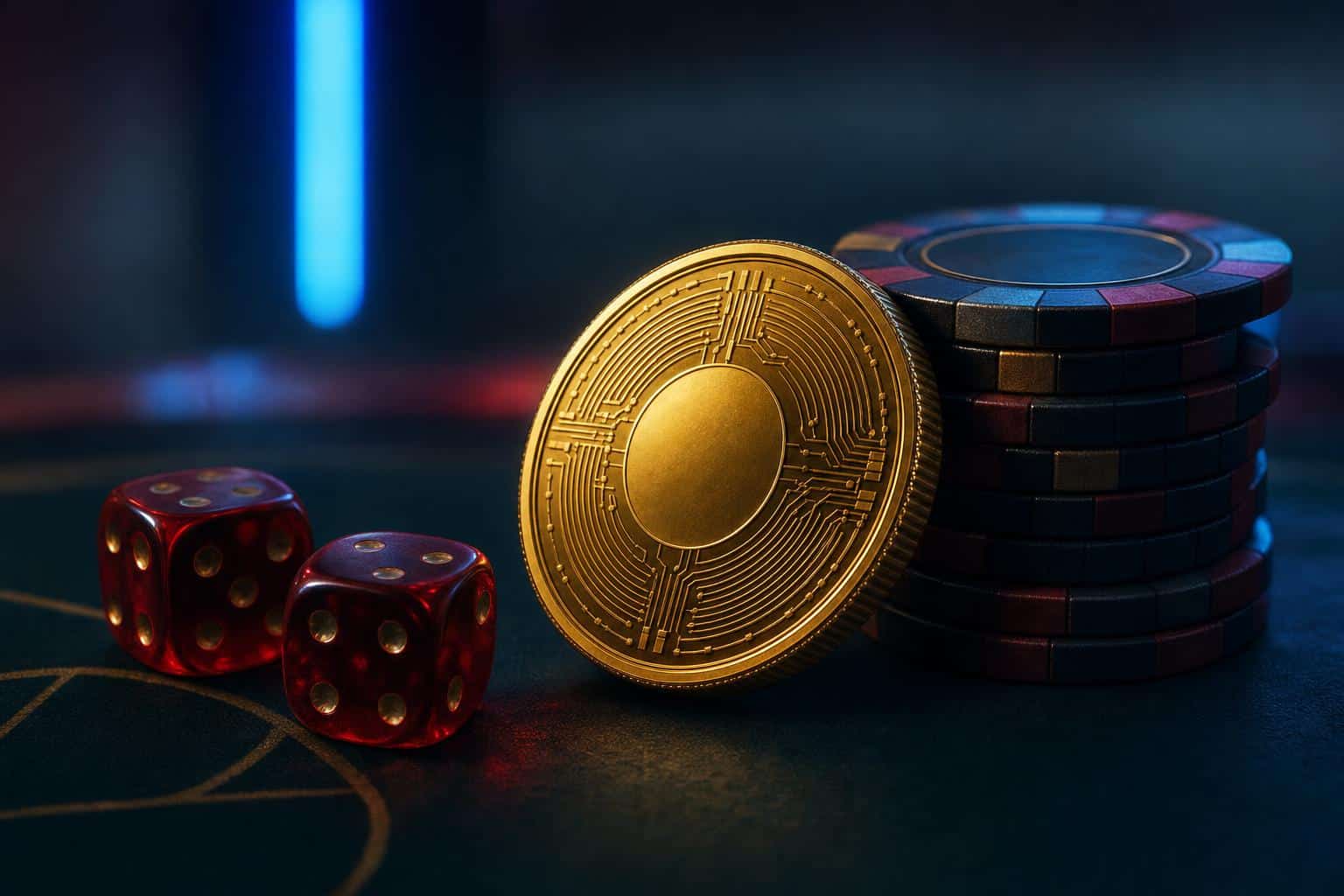 Best BNB Casinos in 2026: Top Binance Coin Gambling Sites Reviewers Recommend 1 Gold cryptocurrency coin beside casino dice and chips on a dark table, representing Binance Coin gambling