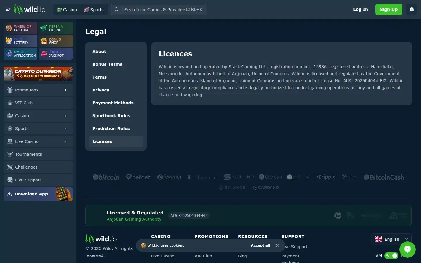 Wild.io Casino Review: Bonuses, Games and Payouts 1 Wild.io licensing page showing Stack Gaming Ltd., registration number 15986, an Anjouan registered address and Licence No. ALSI-202504044-FI2.