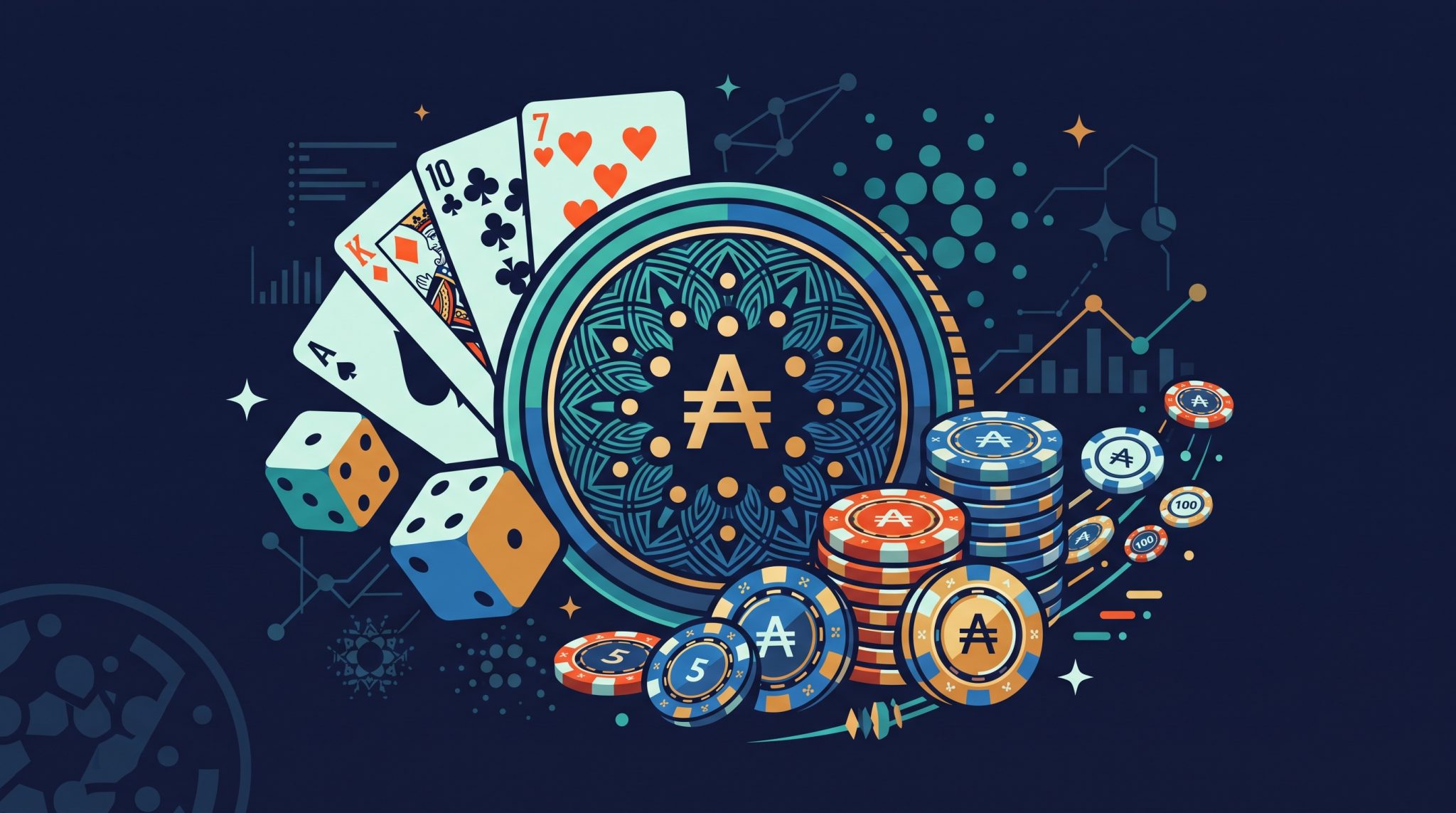 Best Cardano Casinos 1 Stylized Cardano coin surrounded by dice, playing cards and casino chips