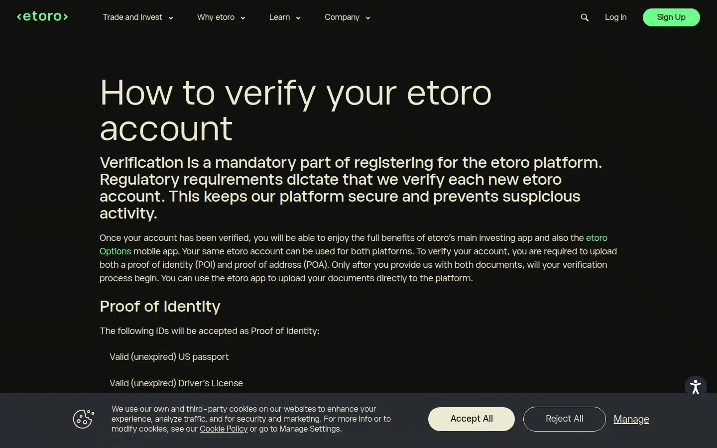 eToro KYC: Verification Requirements Explained (2026) 1 eToro account verification help page listing accepted proof of identity and proof of address documents