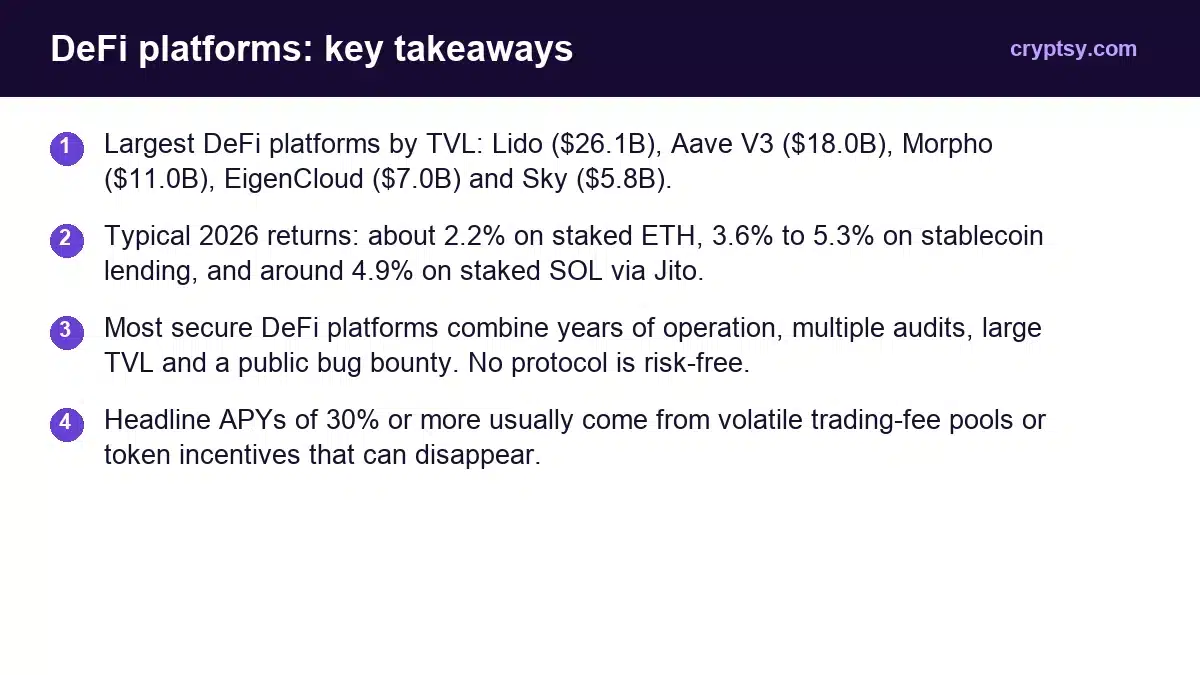 Best DeFi Platforms 2026: Top Picks for Maximum Returns 1 DeFi platforms key takeaways: Largest DeFi platforms by TVL: Lido ($26.1B), Aave V3 ($18.0B), Morpho ($11.0B), EigenCloud ($7.0B) and Sky ($5.8B). Typical 2026 returns: about 2.2% on staked ETH, 3.6% to 5.3% on stablecoin lending, and around 4.9% on staked SOL via Jito. Most secure DeFi platforms co