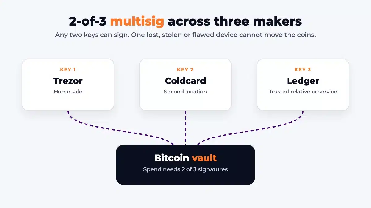 Bitcoin Cold Storage in 2026: The Safest Methods Explained 1 Diagram of a 2-of-3 Bitcoin multisig wallet with keys on a Trezor, a Coldcard and a Ledger, any two of which can sign a transaction
