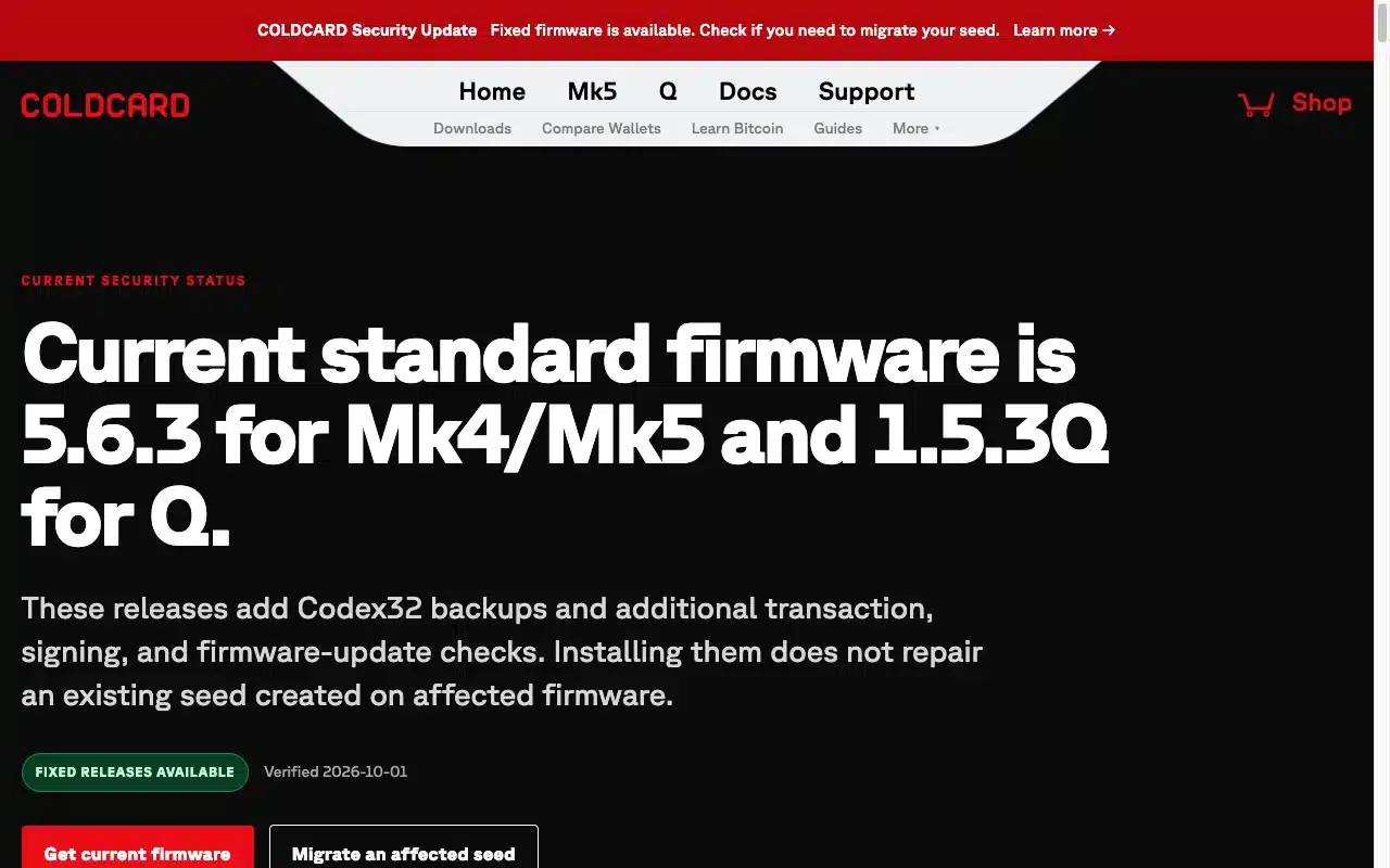 Bitcoin Cold Storage in 2026: The Safest Methods Explained 2 Screenshot of Coinkite's Coldcard security status page showing current firmware 5.6.3 for Mk4 and Mk5 and 1.5.3Q for Q, verified October 1, 2026