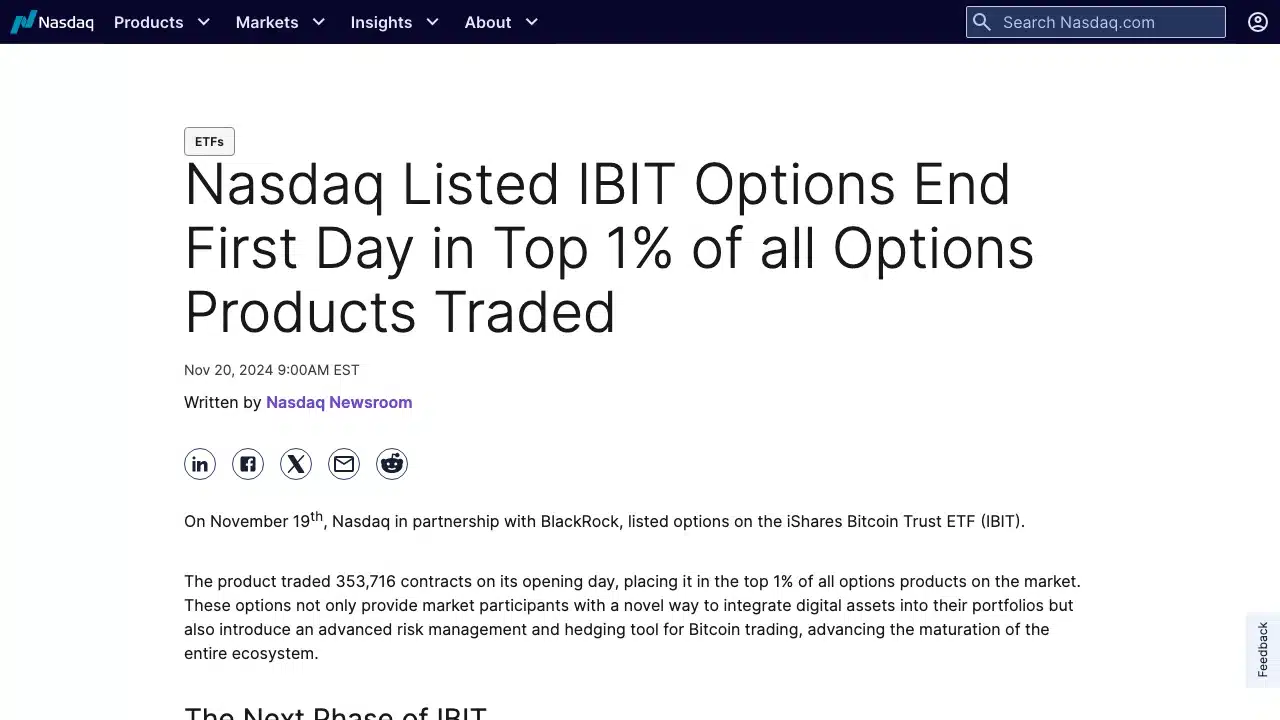 Crypto Options Trading Explained: How It Works and Where to Trade 2 Screenshot of the Nasdaq newsroom article dated November 20, 2024, titled Nasdaq Listed IBIT Options End First Day in Top 1 Percent of all Options Products Traded
