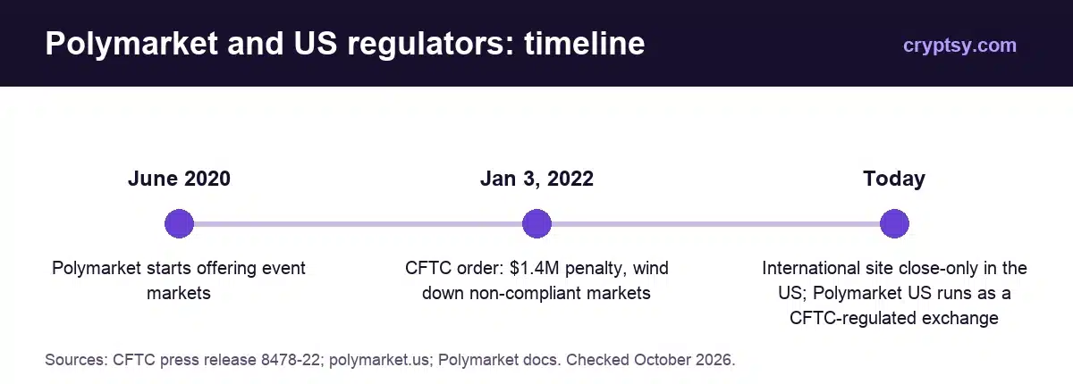 Polymarket's $1.4M Fine: What the CFTC Settlement Actually Said 2 Timeline: Polymarket starts event markets June 2020, CFTC order January 3 2022, today US close-only and Polymarket US as a CFTC-regulated exchange