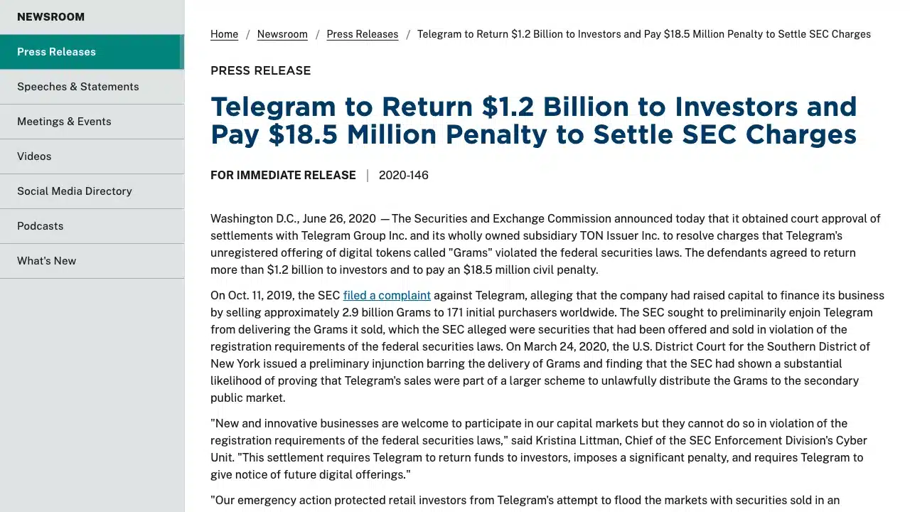 Crypto Presales vs ICOs: Key Differences, Risks and Rules 2 Screenshot of the SEC press release dated June 26, 2020, titled Telegram to Return 1.2 Billion Dollars to Investors and Pay 18.5 Million Dollar Penalty to Settle SEC Charges