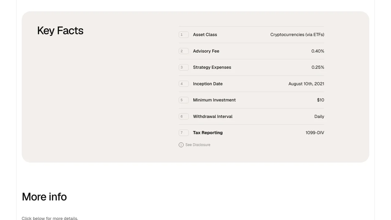 Crypto Robo Advisors in 2026: Fees, Minimums and Best Picks 1 Screenshot of the Titan Crypto strategy page showing key facts: advisory fee 0.40%, strategy expenses 0.25%, minimum investment $10, October 6, 2026