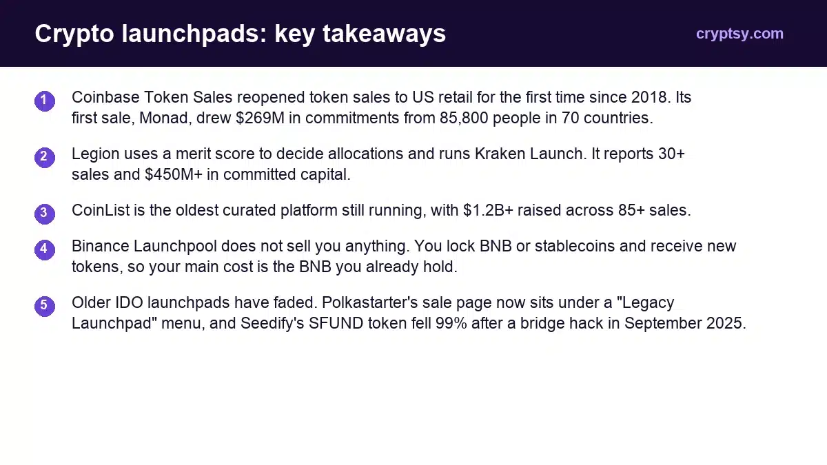 Top Crypto Launchpads in 2026: Token Sales, Airdrops and Meme Platforms 1 Crypto launchpads key takeaways: Coinbase Token Sales reopened token sales to US retail for the first time since 2018. Its first sale, Monad, drew $269M in commitments from 85,800 people in 70 countries. Legion uses a merit score to decide allocations and runs Kraken Launch. It reports 30+ sales and