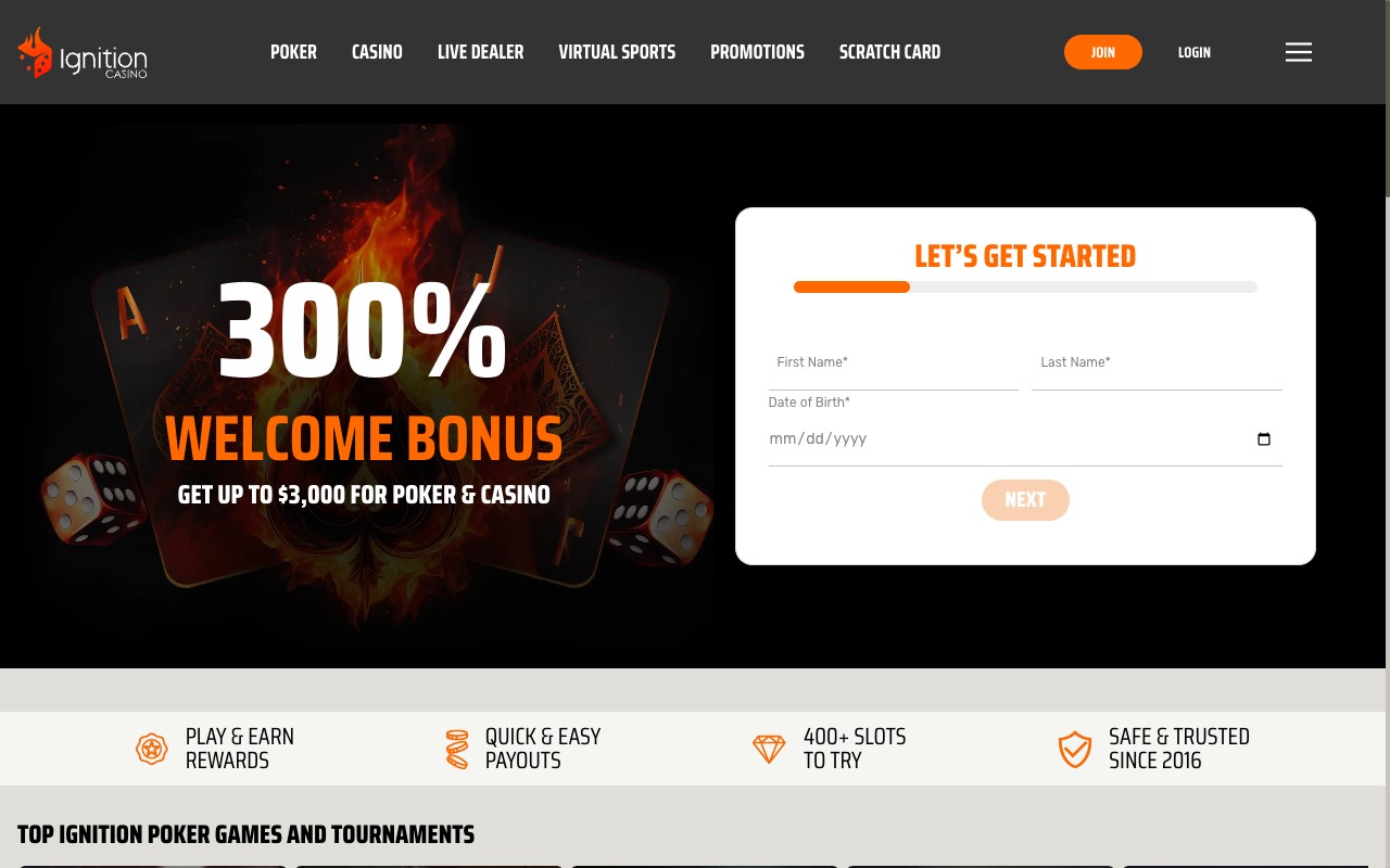 Ignition Casino homepage with $3,000 welcome bonus banner
