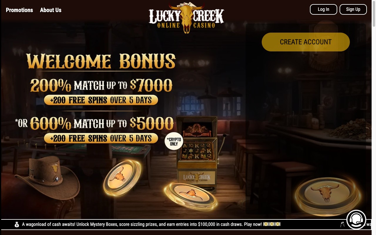 Lucky Creek casino homepage with welcome bonus