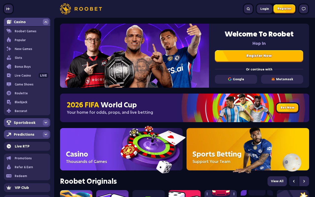 Roobet crypto casino homepage