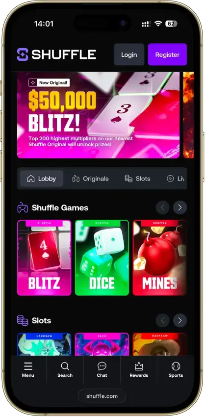 Shuffle casino app screenshot