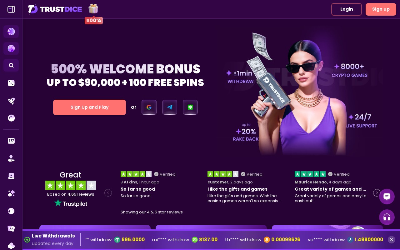 TrustDice crypto casino homepage