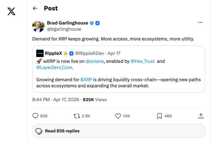 Top 5 Crypto Coins With High Return Potential in 2026 14 Brad Garlinghouse post on X